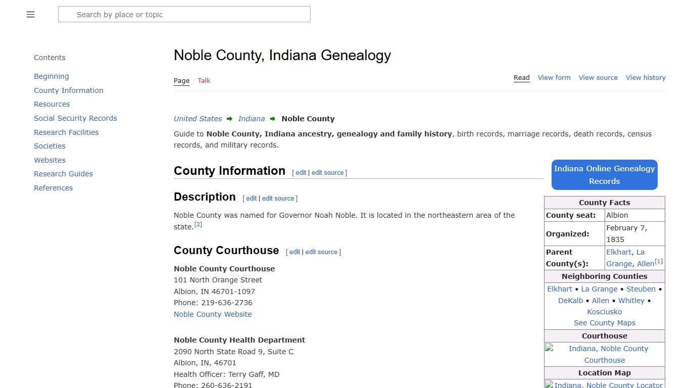 Noble County, Indiana Genealogy • FamilySearch