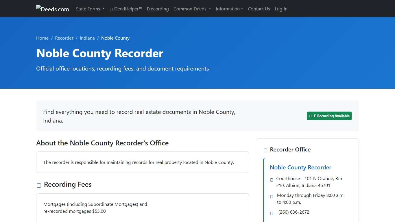 Noble County Recorder Information, Indiana - Deeds.com